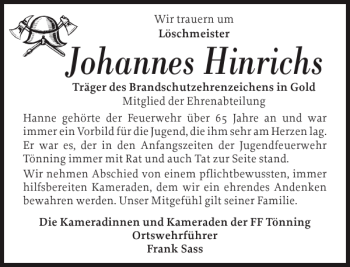 Traueranzeige von Johannes Hinrichs von Husumer Nachrichten