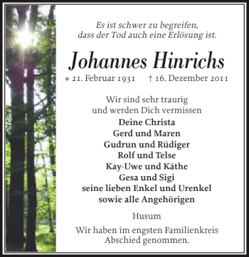 Traueranzeige von Johannes Hinrichs von Husumer Nachrichten