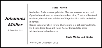 Traueranzeige von Johannes Müller von Landeszeitung