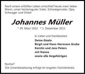 Traueranzeige von Johannes Müller von Landeszeitung