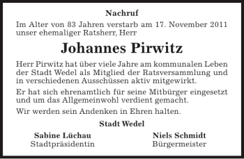 Traueranzeige von Johannes Pirwitz von Wedel-Schulauer Tageblatt