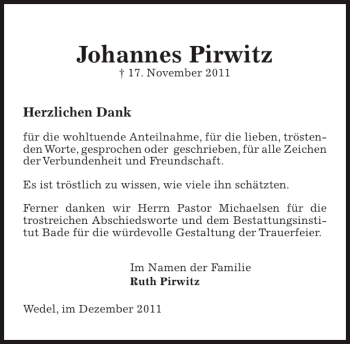 Traueranzeige von Johannes Pirwitz von Pinneberger Tageblatt