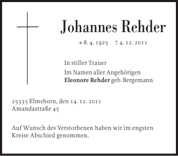 Traueranzeige von Johannes Rehder von Elmshorner Nachrichten