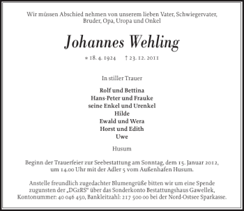 Traueranzeige von Johannes Wehling von Husumer Nachrichten