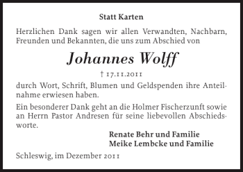 Traueranzeige von Johannes Wolff von Schleswiger Nachrichten