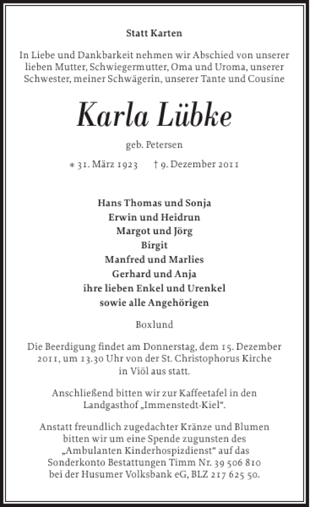  Traueranzeige für Karla Lübke vom 12.12.2011 aus Husumer Nachrichten