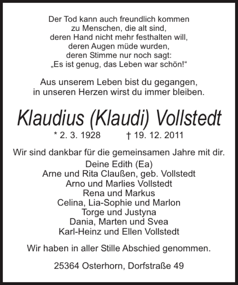  Traueranzeige für Klaudius (Klaudi) Vollstedt vom 28.12.2011 aus Landeszeitung