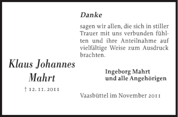 Traueranzeige von Klaus Johannes Mahrt von Landeszeitung