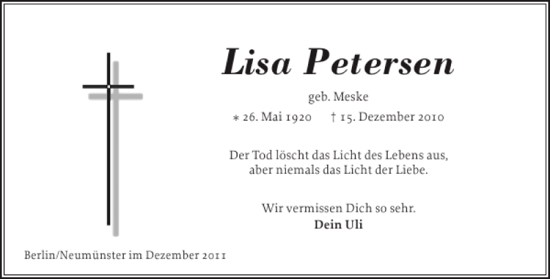  Traueranzeige für Lisa Petersen vom 15.12.2011 aus Holsteinischer Courier