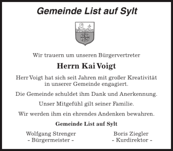 Traueranzeige von List Sylt von Sylter Rundschau