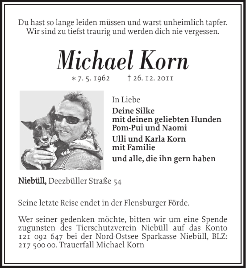  Traueranzeige für Michael Korn vom 29.12.2011 aus Nordfriesland Tageblatt