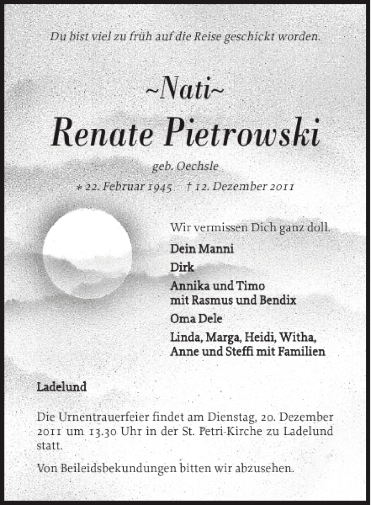  Traueranzeige für Renate Pietrowski vom 15.12.2011 aus Nordfriesland Tageblatt