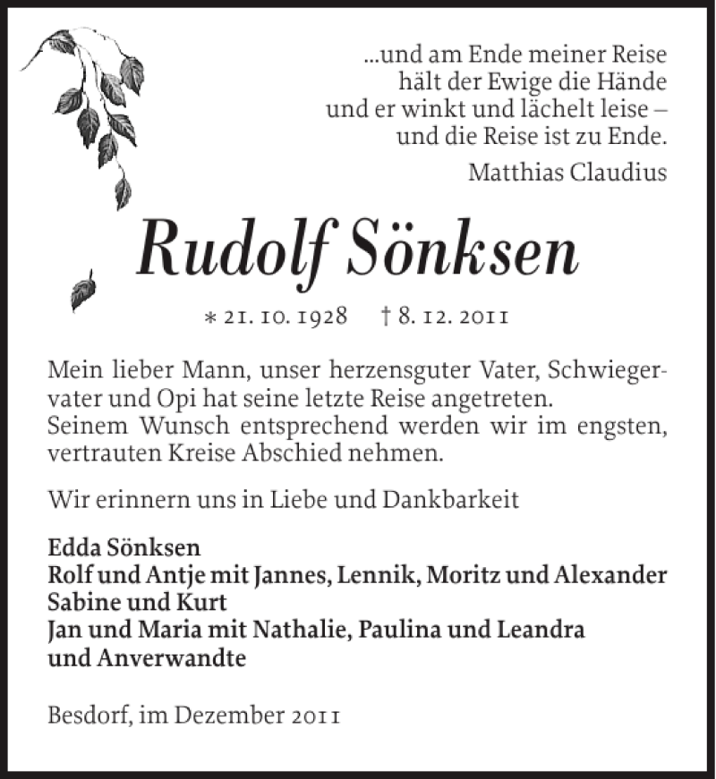  Traueranzeige für Rudolf Sönksen vom 12.12.2011 aus Norddeutsche Rundschau