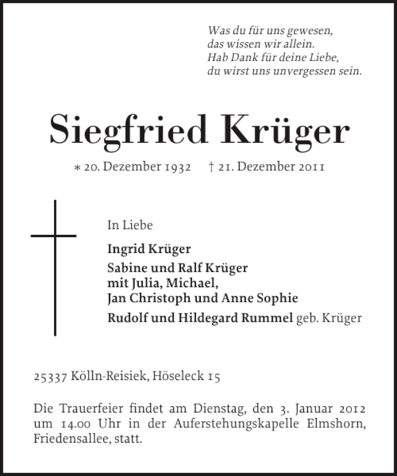  Traueranzeige für Siegfried Krüger vom 24.12.2011 aus Elmshorner Nachrichten