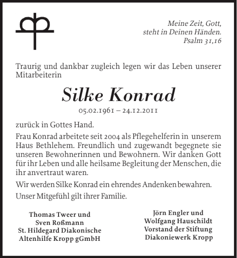  Traueranzeige für Silke Konrad vom 30.12.2011 aus Landeszeitung