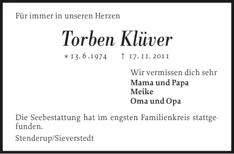  Traueranzeige für Torben Klüver vom 15.12.2011 aus Schleswiger Nachrichten