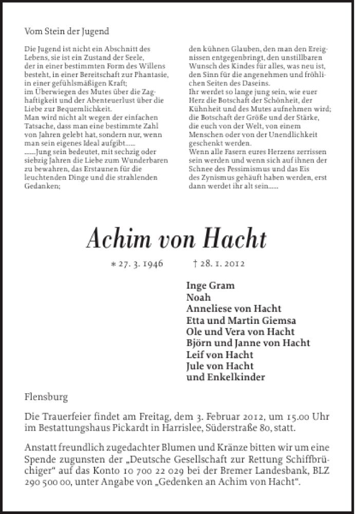 Traueranzeige für Achim von Hacht vom 31.01.2012 aus Flensburger Tageblatt