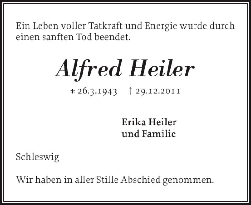  Traueranzeige für Alfred Heiler vom 07.01.2012 aus Schleswiger Nachrichten