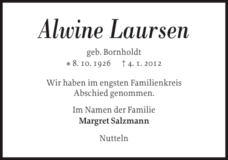  Traueranzeige für Alwine Laursen vom 11.01.2012 aus Norddeutsche Rundschau