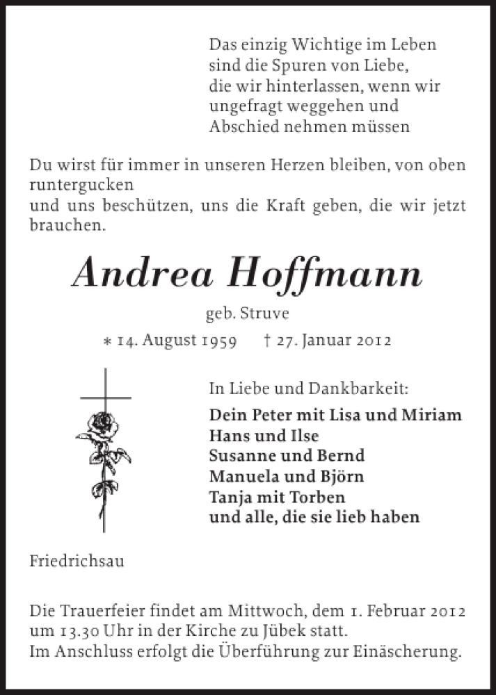  Traueranzeige für Andrea Hoffmann vom 30.01.2012 aus Schleswiger Nachrichten