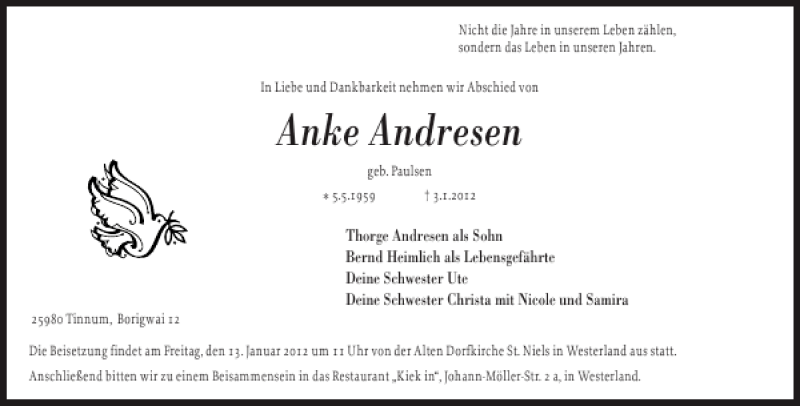  Traueranzeige für Anke Andresen vom 10.01.2012 aus Sylter Rundschau