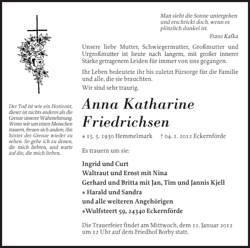  Traueranzeige für Anna Katharine Friedrichsen vom 07.01.2012 aus Eckernförder Zeitung