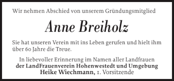 Traueranzeige von Anne Breiholz von Landeszeitung