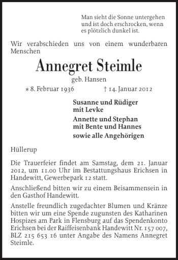 Traueranzeige von Annegret Steimle von Flensburger Tageblatt