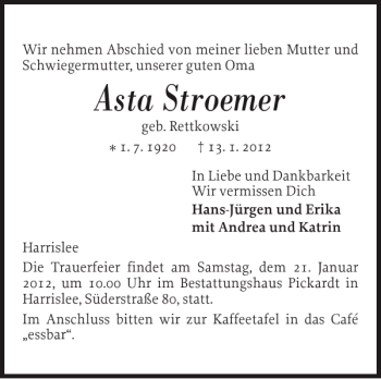 Traueranzeige von Asta Stroemer von Flensburger Tageblatt