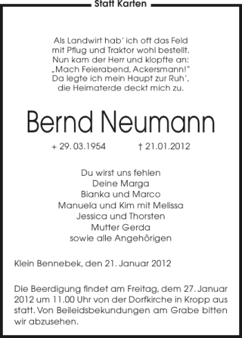 Traueranzeige von Bernd Neumann von Landeszeitung