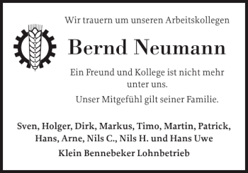 Traueranzeige von Bernd Neumann von Schleswiger Nachrichten