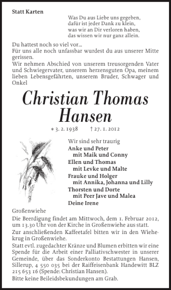  Traueranzeige für Christian Thomas Hansen vom 30.01.2012 aus Flensburger Tageblatt