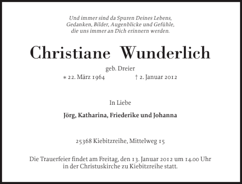  Traueranzeige für Christiane Wunderlich vom 07.01.2012 aus Elmshorner Nachrichten