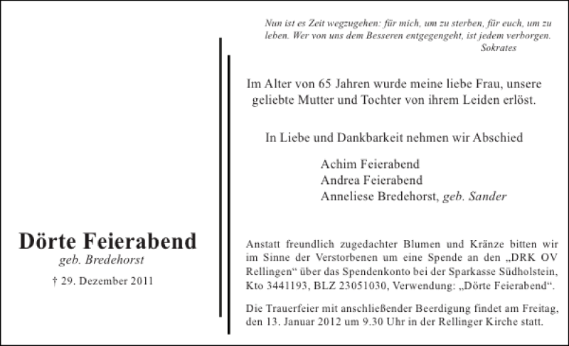  Traueranzeige für Dörte Feierabend vom 07.01.2012 aus Pinneberger Tageblatt