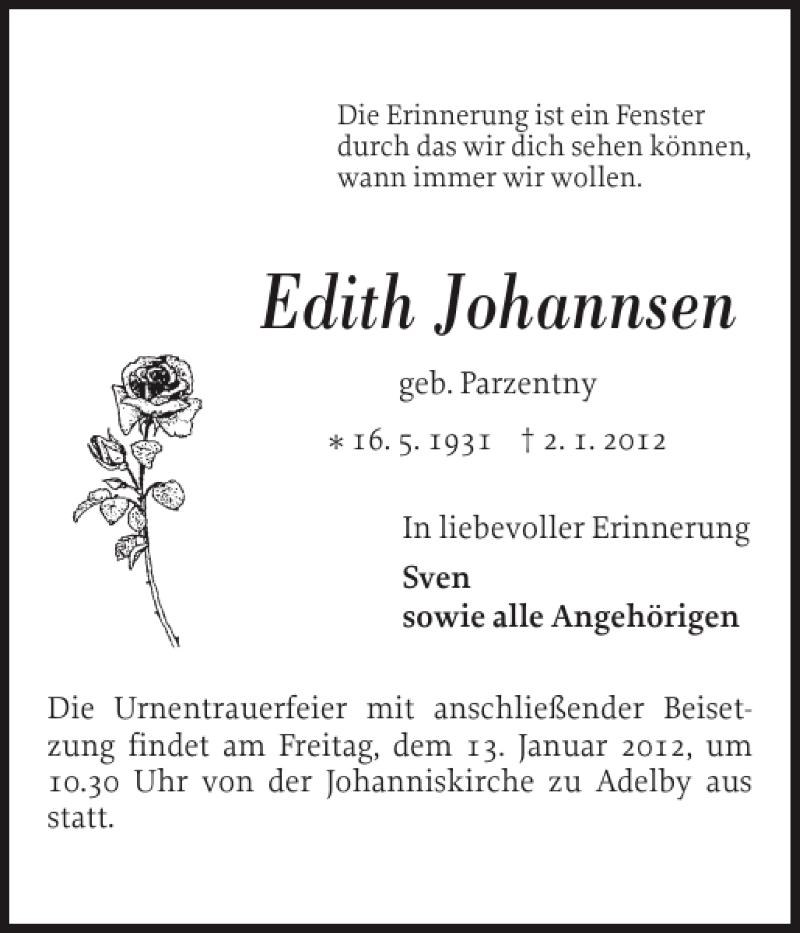  Traueranzeige für Edith Johannsen vom 07.01.2012 aus Flensburger Tageblatt