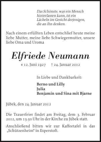 Traueranzeige von Elfriede Neumann von Schleswiger Nachrichten