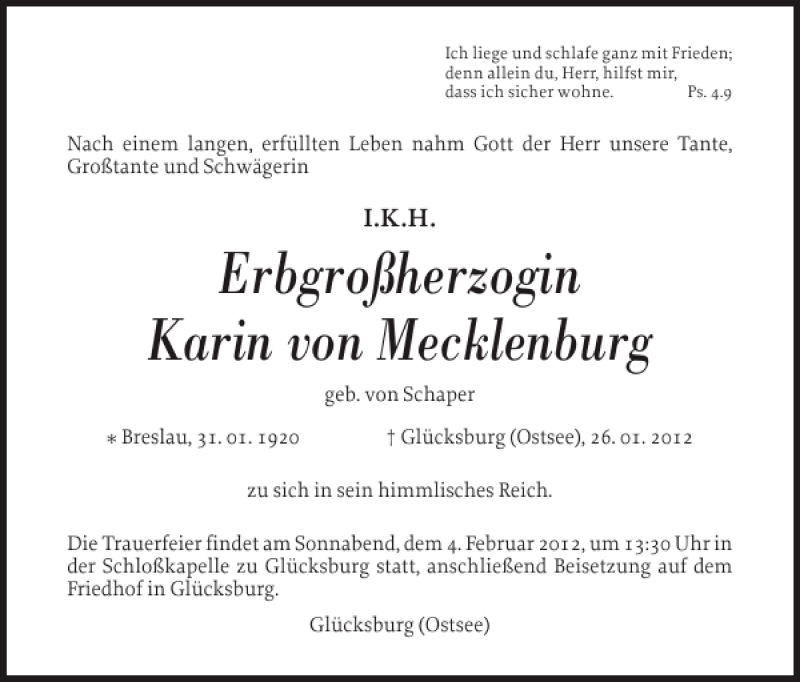  Traueranzeige für Erbgroßherzogin Karin von Mecklenburg vom 30.01.2012 aus Flensburger Tageblatt