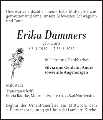 Traueranzeige von Erika Dammers von Husumer Nachrichten