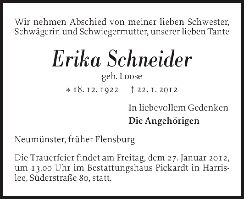  Traueranzeige für Erika Schneider vom 25.01.2012 aus Flensburger Tageblatt