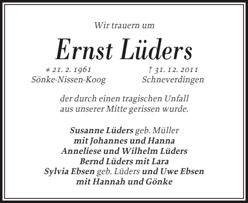  Traueranzeige für Ernst Lüders vom 04.01.2012 aus Husumer Nachrichten