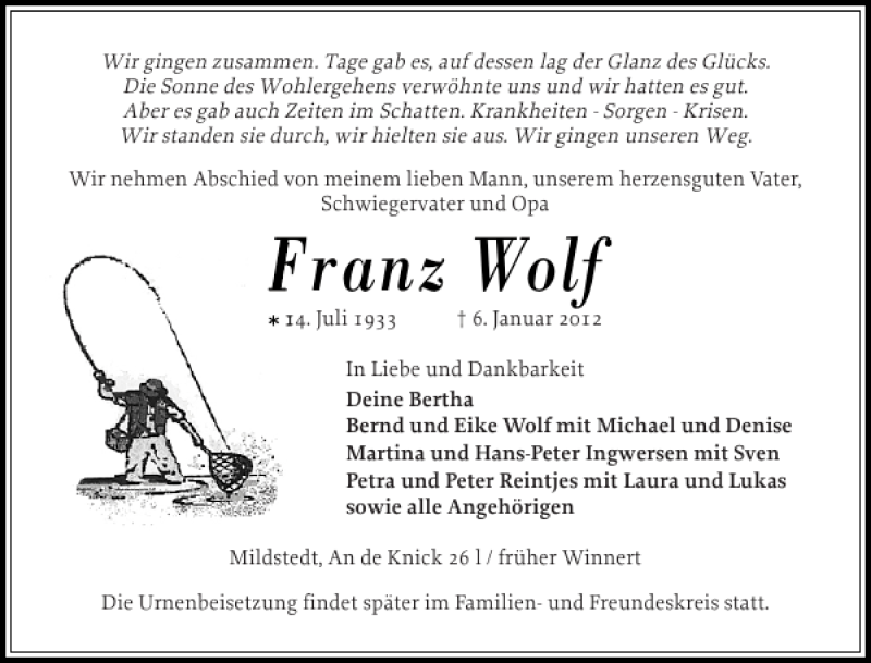  Traueranzeige für Franz Wolf vom 10.01.2012 aus Husumer Nachrichten
