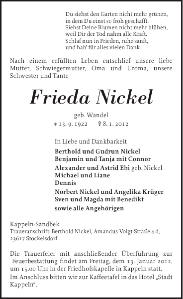  Traueranzeige für Frieda Nickel vom 11.01.2012 aus Schlei-Bote