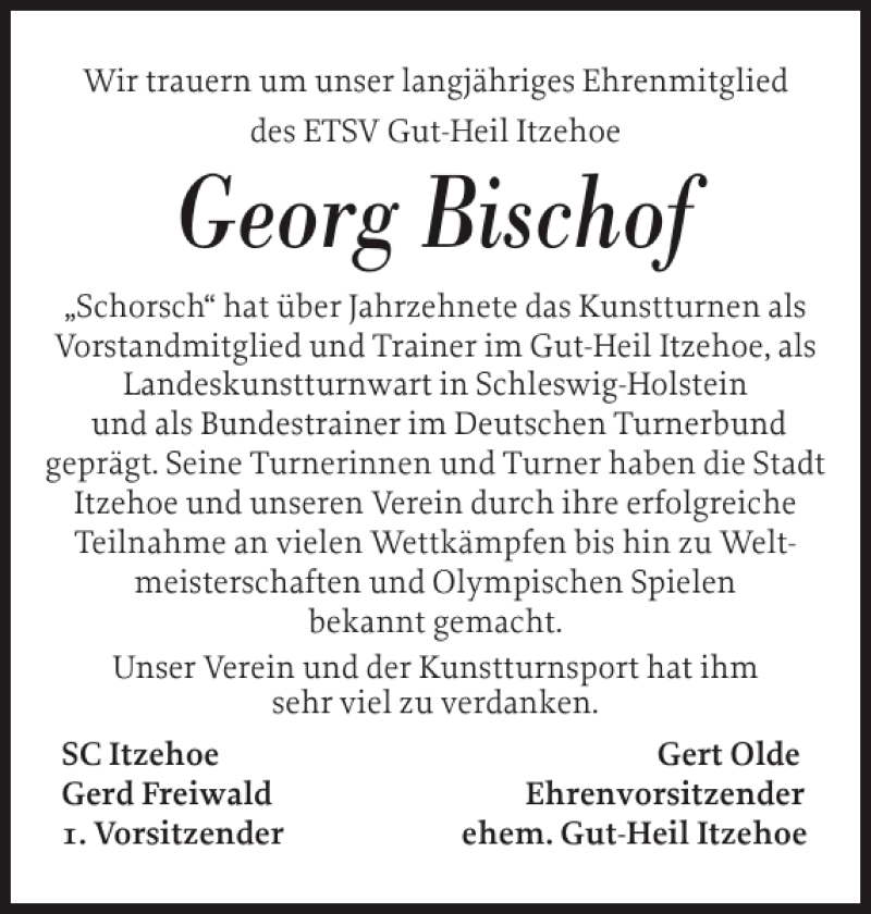  Traueranzeige für Georg Bischof vom 28.01.2012 aus Norddeutsche Rundschau