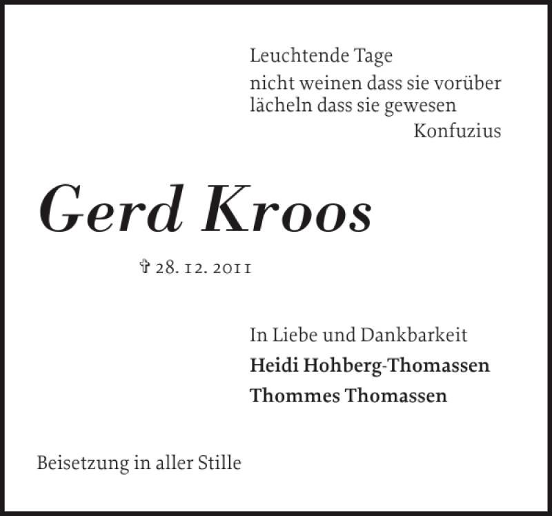  Traueranzeige für Gerd Kroos vom 07.01.2012 aus Schlei-Bote