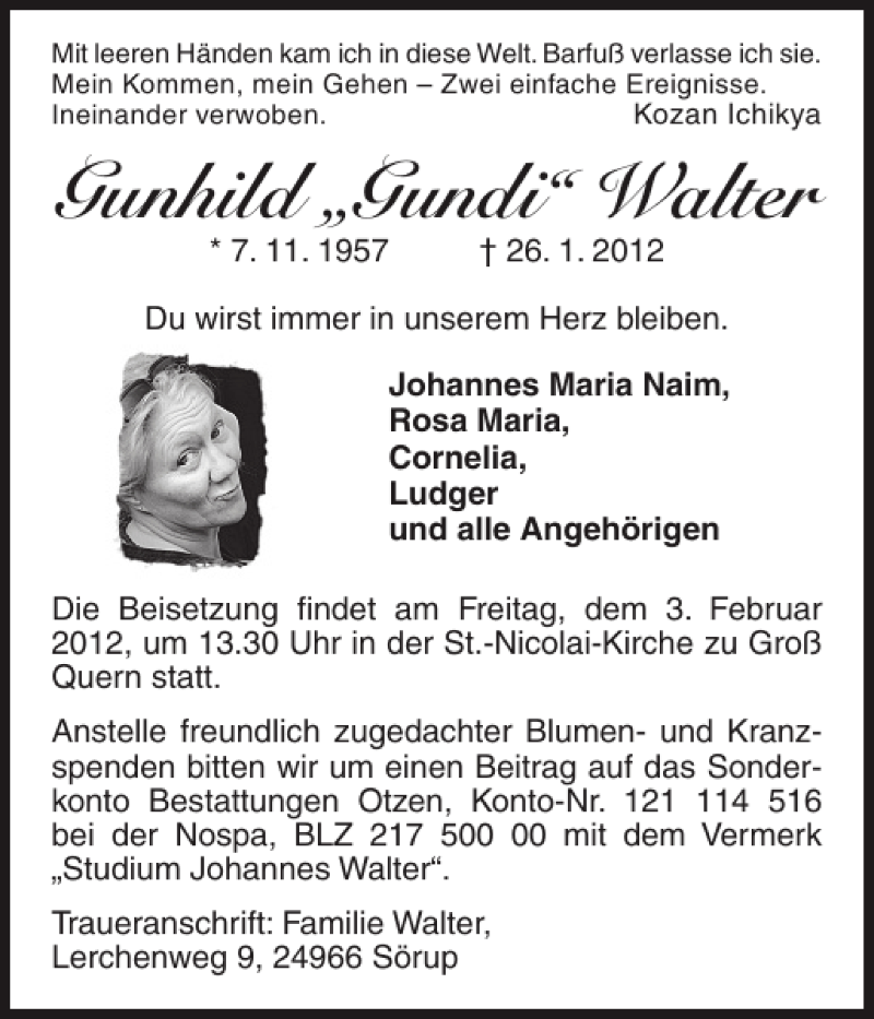  Traueranzeige für Gunhild Gundi Walter vom 31.01.2012 aus Flensburger Tageblatt