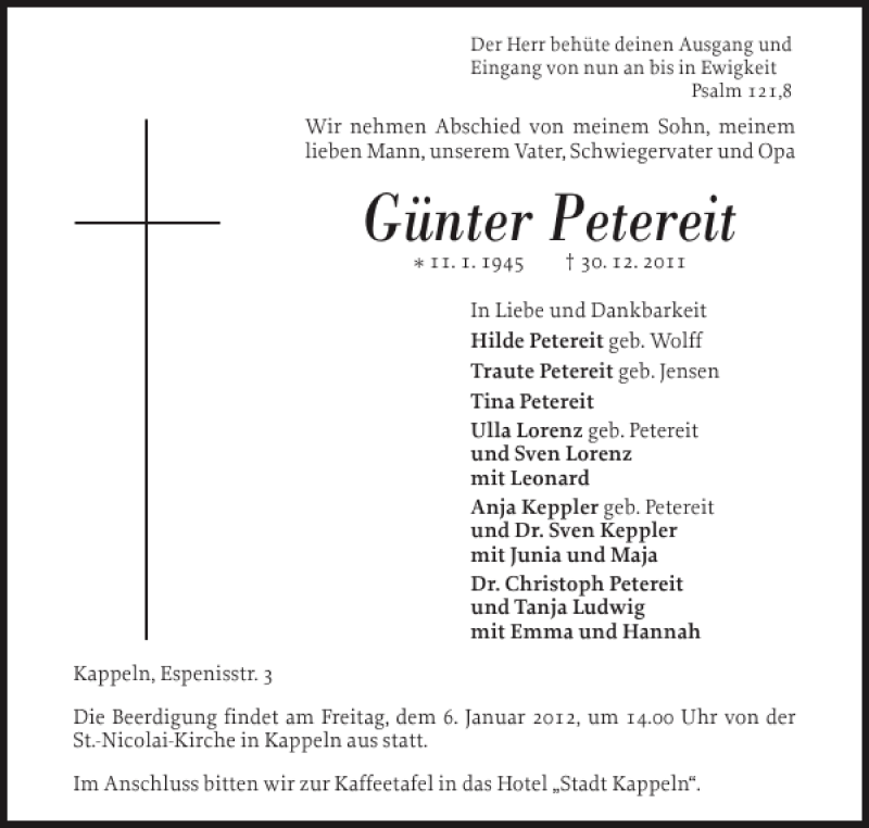  Traueranzeige für Günter Petereit vom 02.01.2012 aus Schlei-Bote