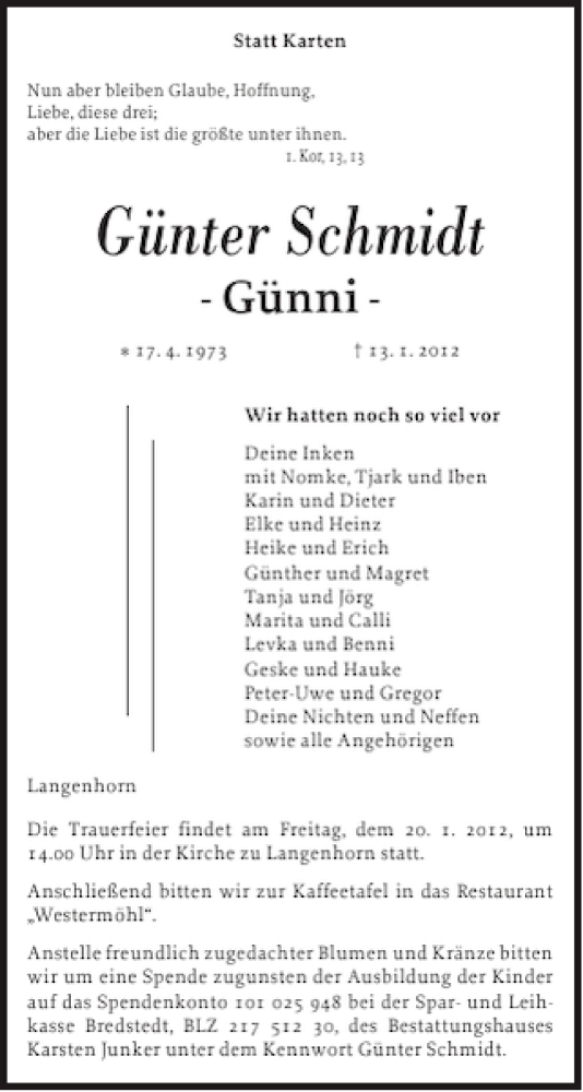  Traueranzeige für Günter Schmidt vom 17.01.2012 aus Husumer Nachrichten