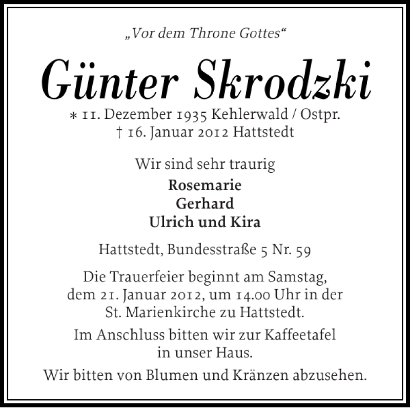  Traueranzeige für Günter Skrodzki vom 18.01.2012 aus Husumer Nachrichten