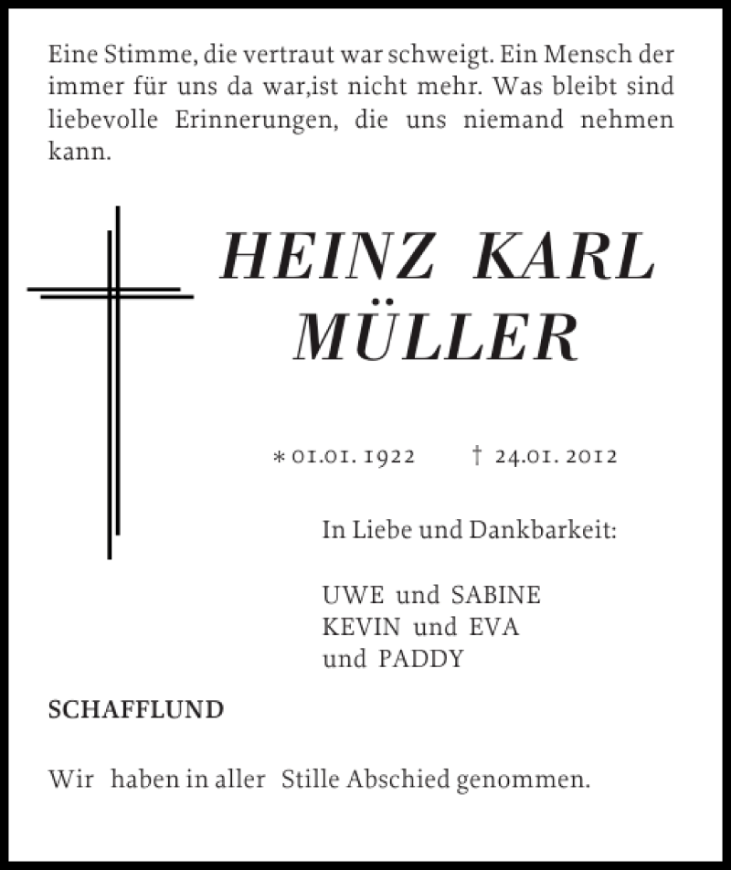  Traueranzeige für HEINZ KARL MÜLLER vom 27.01.2012 aus Flensburger Tageblatt