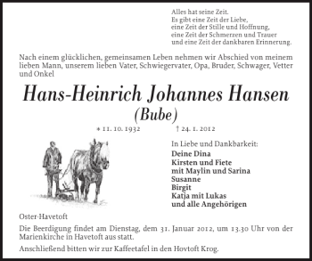 Traueranzeige von Hans-Heinrich Johannes Hansen von Flensburger Tageblatt